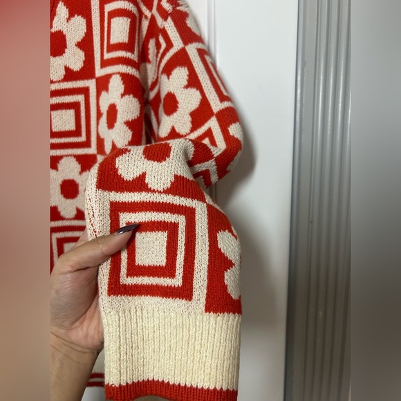 Zara Orange Jacquard Floral Geometric Chunky Knit Sweater Size S retro cozy 70s - Picture 9 of 13